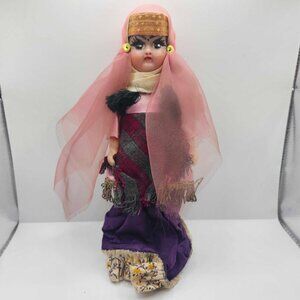 Vintage Folk Art Plastic Doll - Pink Purple Traditional Clothing